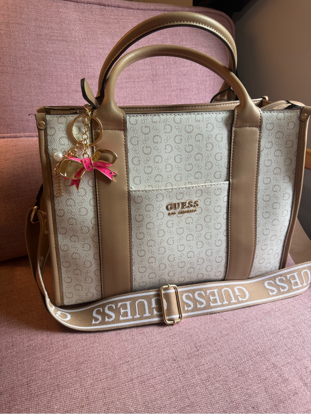 GUESS Beige Logo Satchel with Contrast Trim and Branded Strap